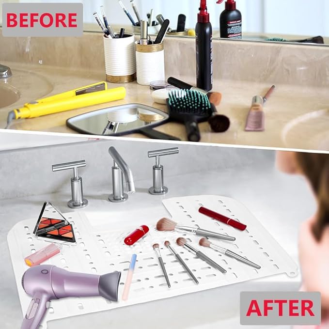 Bathroom Sink Cover for Counter Space, Heat-Resistant Silicone Sink Cover for Makeup Foldable Makeup Mat with Hanging Loop, Space Saver Sink Organizer Mat for Bathroom, 22 * 17" White