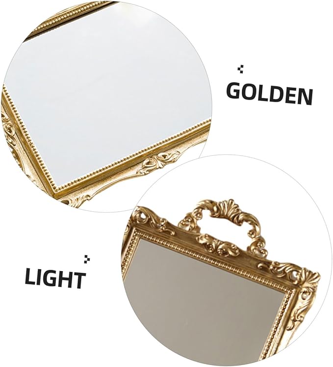 Healeved Nordic Style Golden Mirror Tray Vintage Carved Resin Decorative Storage Plate Wedding Dessert Table Makeup Organizer