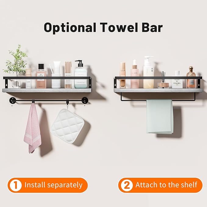 Bathroom Shelves with Towel Bar,Floating Shelves for Bathroom, Kitchen, Bedroom, Paulownia Wood, Matte Black Metal Frame - Set of 2 (White)