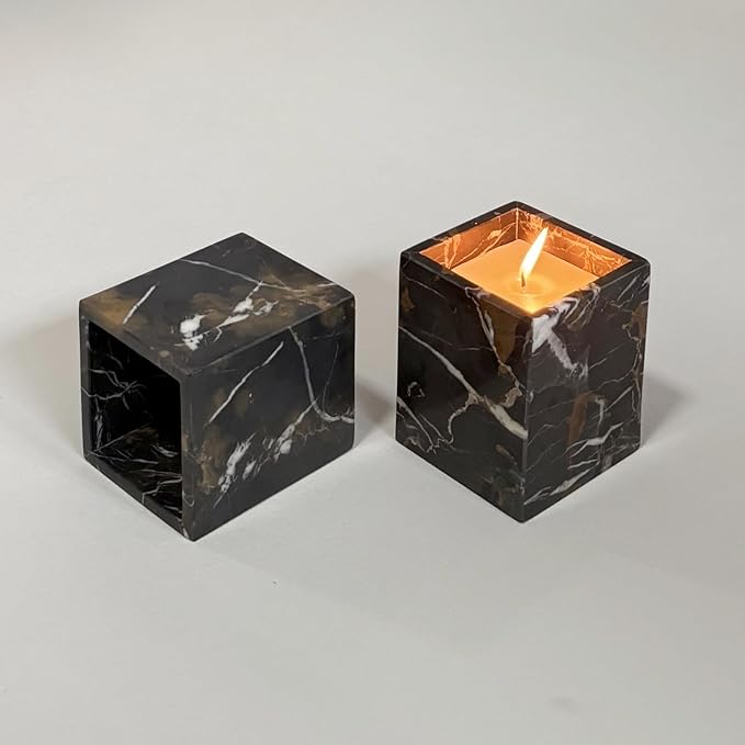 Natural Marble Stone Square Storage Container Empty Vessel Holder Cup for Candle/Pens/Sundries items (Black Brown)