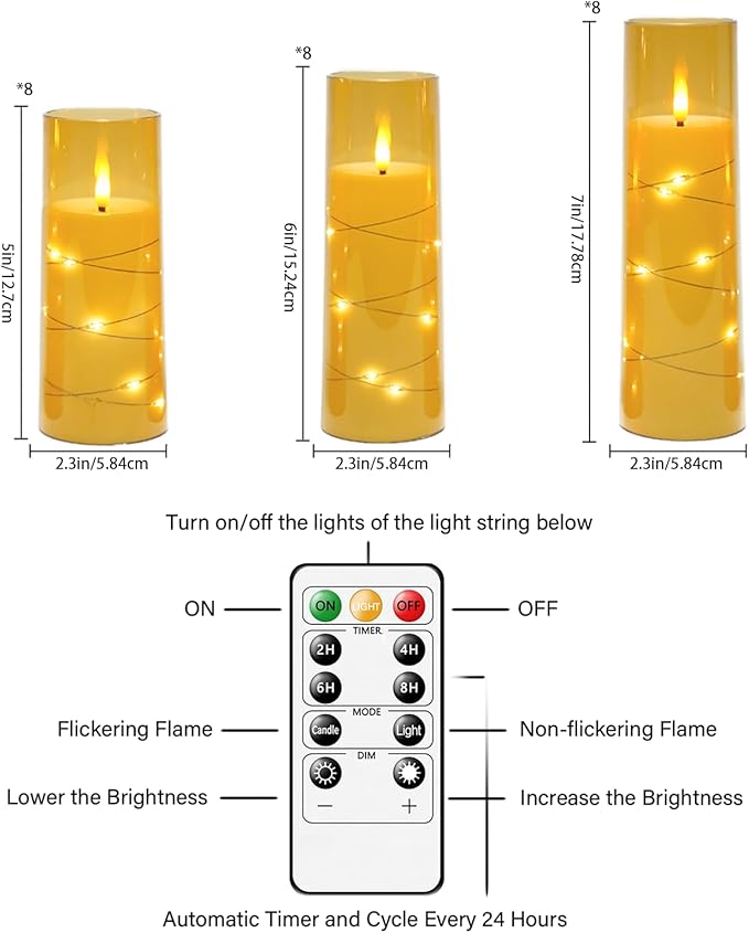 Nimiko Flickering Flameless LED Candles,Battery Operated Candles 24 Pcs with Embedded Star String,Acrylic LED Pillar Candles with Remote,Suitable for Home Decoration to Create an Atmosphere (Gold)
