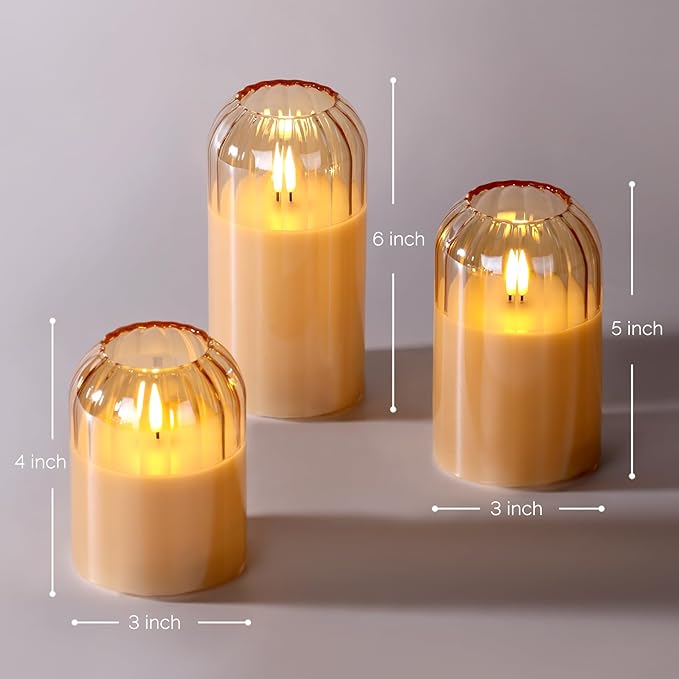 Gold Glass Flameless Candles with Remote, Real Wax Flickering Battery LED Pillar Candles Set of 3