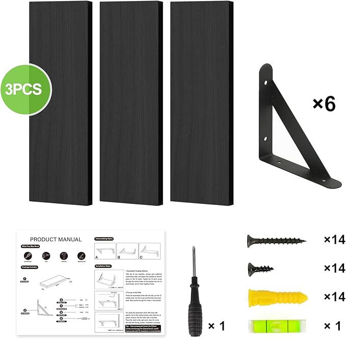 Fixwal Black Shelves for Wall, Wood Wall Mounted Floating Shelves for Bedroom, Bathroom, Living Room, Kitchen Storage and Decor(Black, Set of 3, 16.5 Inch)