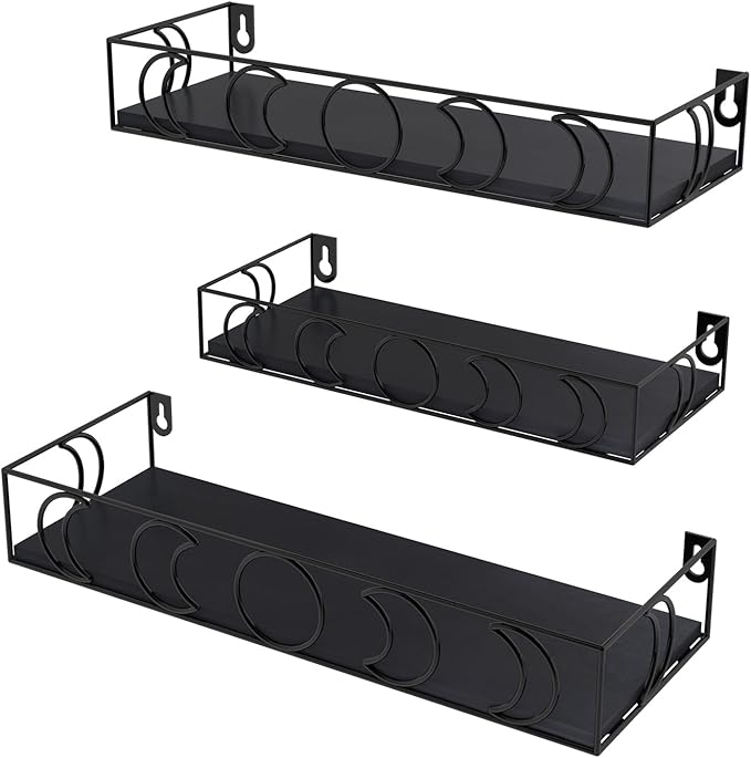 PHAREGE Moon Phase Floating Shelves Black, Set of 3 Small Decorative Wall Shelves for Book Plant Storage, Crystal Figurine Collectibles Display Shelf for Bedroom Kid Room