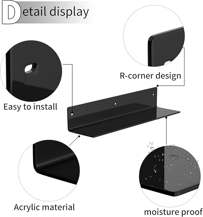 Sezanrpt 16 Inches Black Acrylic Wall Shelves 2 Pack, L Shape Floating Shelf, Acrylic Corner Shelf for Model Car, Candle, Calendar, Towel, Toiletries, Moisture-Proof, 4'' Depth