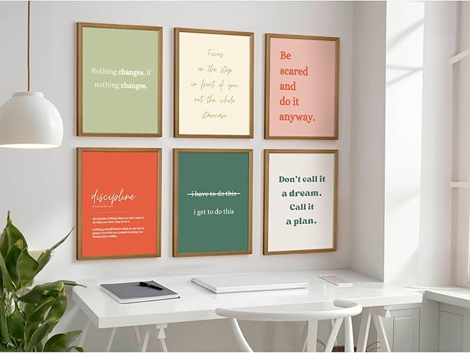 Office Wall Art Motivational Posters Inspirational Quote Canvas Wall Decor Office Positive Pictures Inspirational Classroom Art Motivational Work Prints for Gym Home 12x16 Inch Framed Set of 6