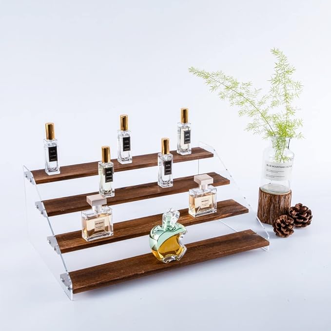 2 Pack Large 4 Tier Acrylic Display Stand 16*10.6*6.3 inches for Figures Wooden Risers Display Case for Craft Fair Acrylic Cupcake Stand for Dessert Table Cologne Organizer for Men(BROWN)