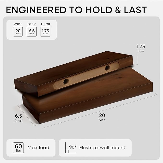 Homeforia Walnut 20 inch Floating Shelf, High End Solid Real Wood 20inch Floating Shelves for Wall Mounted, Dark Brown 20 inches Long Floating Shelves, Heavy Duty Bracket, 20 X 6.5 X 1.75 in, Set of 4