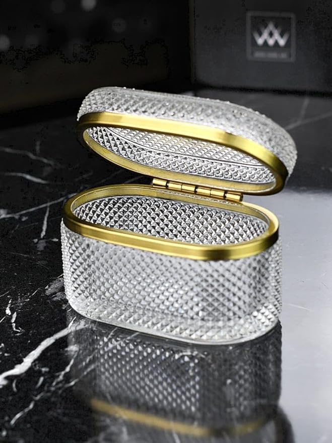 Glass Jewelry Organizer Box, Desktop Jewelry Organizer Container Box, Decorative Box for Bathroom, Vintage Oval Glass Box (Misty Design), Gold