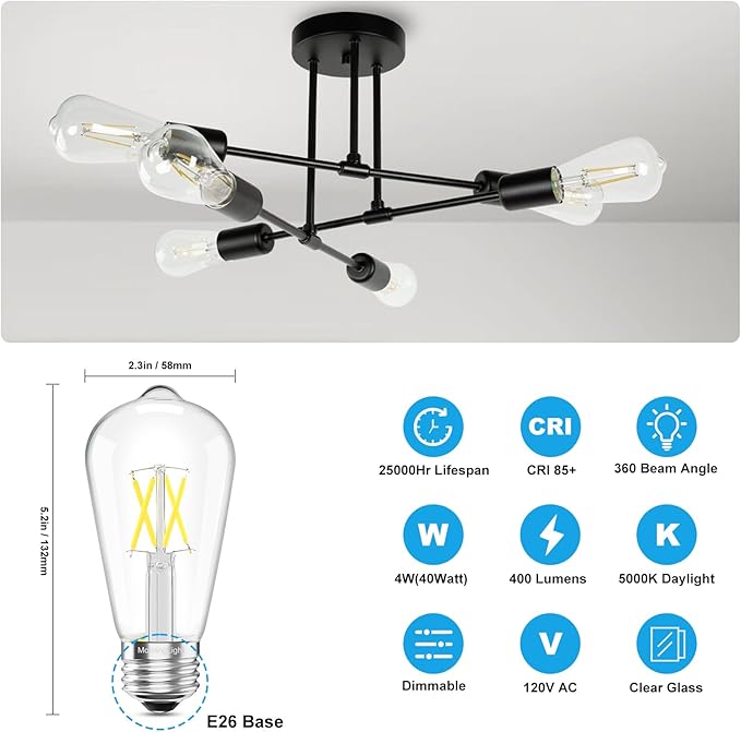 MorningLight 6 Pack Vintage LED Edison Bulbs, Dimmable E26 LED Edison Bulbs 40Watt Daylight 5000K, ST58 Antique Decorative Filament Bulb 4W for Farmhouse Pendant, Porch Lights, Home Decor, 400LM