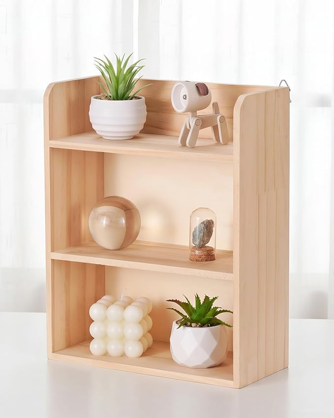 3-Tier Trinket Shelf, Small Display Shelf for Wall or Countertop, Solid Wood Knick-Knack Shelf for Collectibles, Crystals & Spice Village Storage, Natural Unfinished, DIY Stain