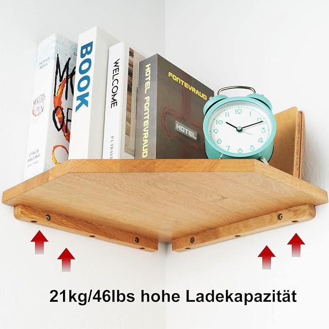 Corner Wall Shelves, Corner Floating Shelves Set of 2 Solid Oak Wood Display Shelf with Wire Hole Small Plant for Kitchen Living Room Natural