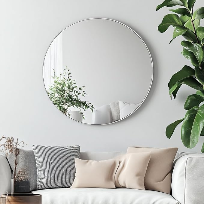 Oruii Silver Round Mirror, Silver Round Mirror 24 inch, Circle Bathroom Mirrors Metal Frame, Nickel Circle Mirrors for Wall, Over Sink, Bathroom, Living Room, Vanity, Chrome
