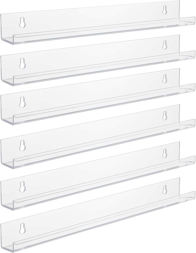 Sorbus Acrylic Nail Polish Organizer Rack 6 Pack 15" - 90-120 Bottles - Wall Mounted Floating Shelves Ledges Clear Invisible Nail Polish Shelf Holder Display Perfume, Essential Oil, Bathroom Storage
