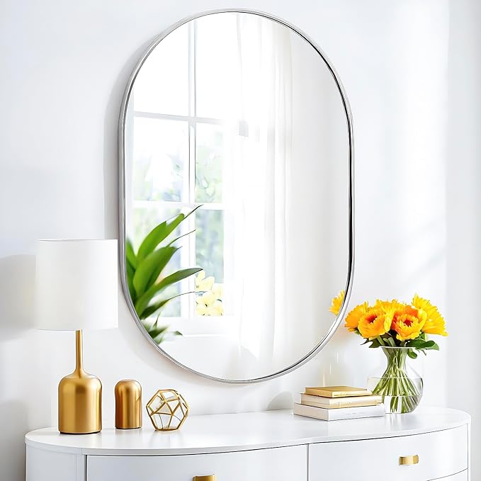 SCWF-GZ 36x24 Mirror Runway Oval Wall Mounted Aluminum Alloy Metal Frame Rectangle Mirrors for Entryway Bedroom Bathroom Living Room 36 24 inch Silver