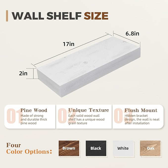 17x6.8x2 Inch Rustic Floating Shelves for Wall Set of 2 - White Solid Wood Wall Mounted Shelves with Invisible Bracket, Compact Design for Farmhouse Living Room Bedroom Kitchen Decor