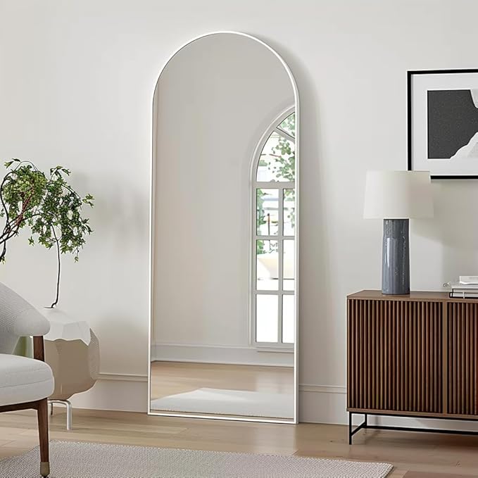 Prywot Arched Floor Mirror, 58 "x 18" Full Length Mirror Wall Mirrors Hanging or Leaning Arched-Top Full Body Mirrors with Stand for Bedroom, Dressing Room, White