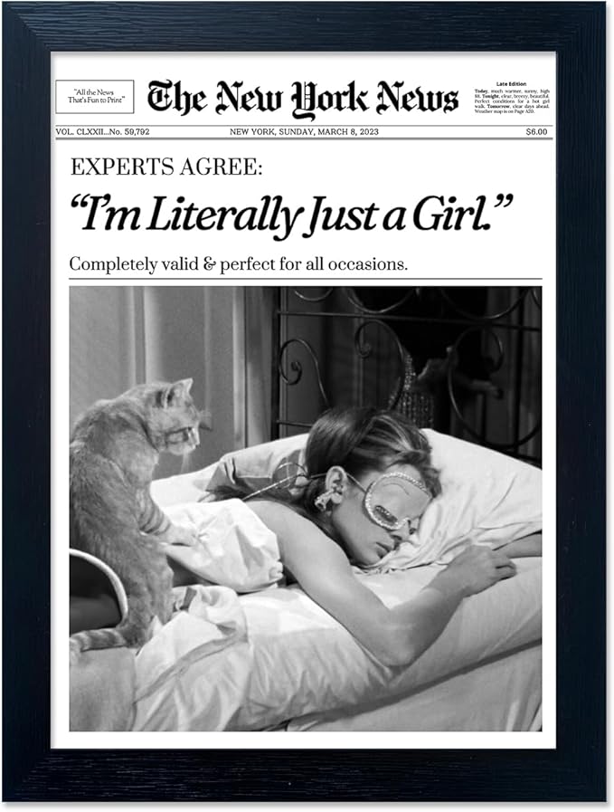 Vintage Black And White Wall Art Newspaper Posters Trendy Wall Art Framed I'm Literally Just a Girl Poster Print Trends New York Wall Decor for Bedroom Fashion Aesthetic Canvas Picture