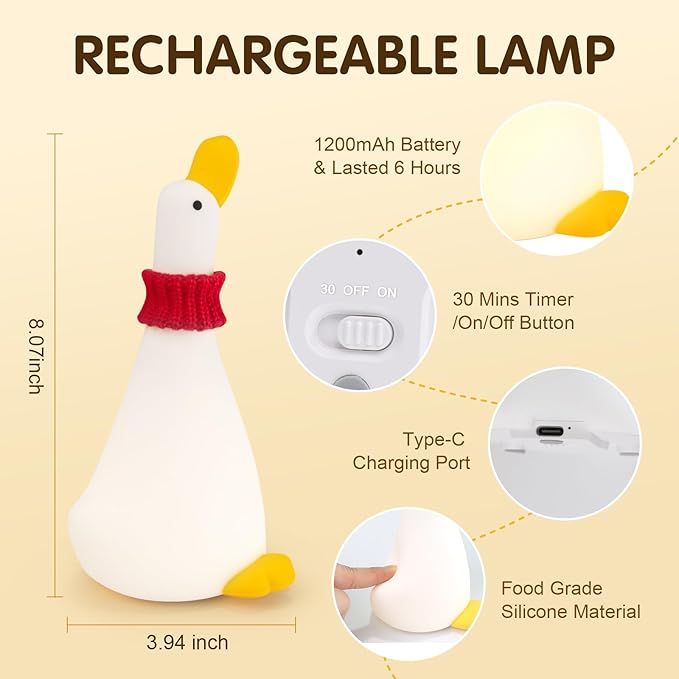 Duck Night Light Silicone Cute Dorm Bedroom Home Decor Night Light for Breastfeeding Squishy Duck Nightlight Cordless Rechargeable Dimmable Touch Fun Bedside Desk Lamp for Christmas Gifts (Dream Duck)