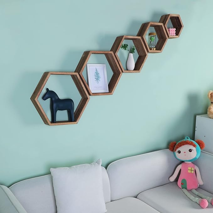 Hexagon Shelves for Wall,Hexagon Floating Shelf Set of 5,Honeycomb Shelves Octagon Hanging Cube Rustic Wood Wall Mounted for Living Room Bedroom Kitchen Bathroom Office Home Decor（Carbonized Brown）