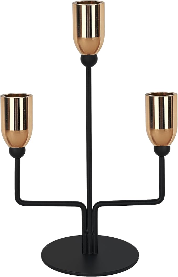 Metal Triple Taper Candle Holder, Modern Gold & Black Candle Holder with Stable Base, Decorative Candle Stand for Home Decor, Wedding, Dining, Party, Anniversary