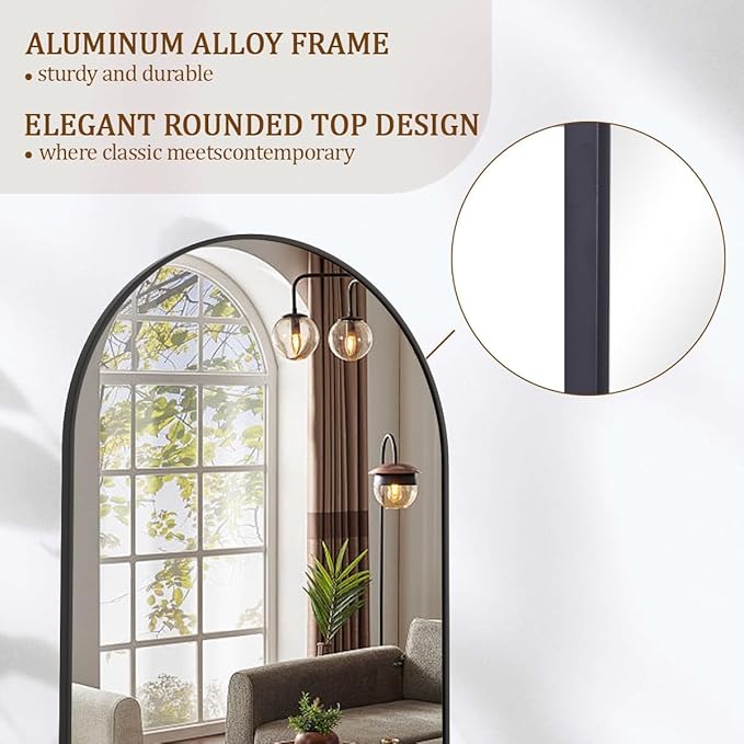 Koonmi 38"x77" Arched Full Length Mirror, Black Large Floor Mirror with Aluminum Alloy Frame, Standing Hanging or Leaning Wall-Mounted Full Body Mirror for Living Room and Bedroom