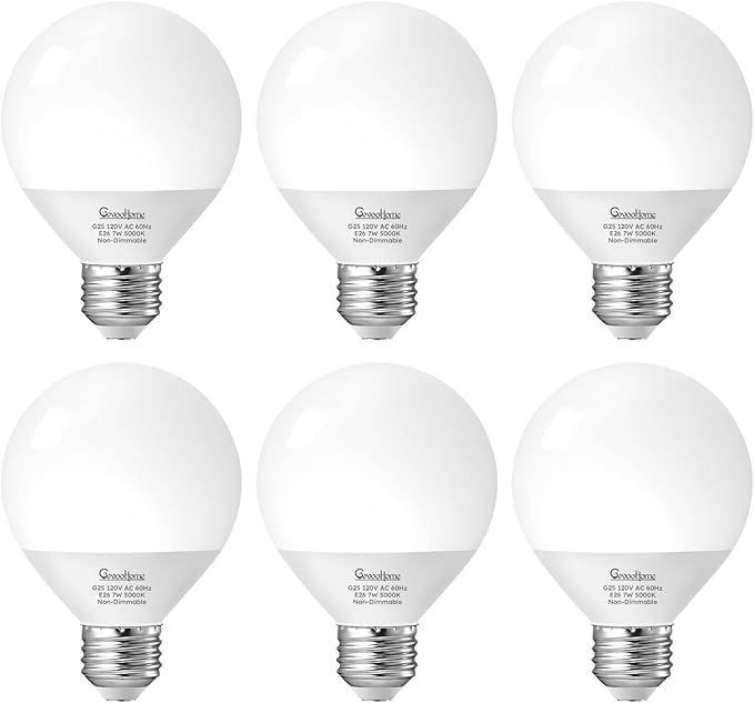 GvvooHome Vanity Light Bulbs for Bathroom, G25 LED Globe Light Bulbs for Makeup Mirror Dressing Room, 60W Equivalent, 5000K Daylight, 800LM, E26 Base, Non-Dimmable, 6-Pack