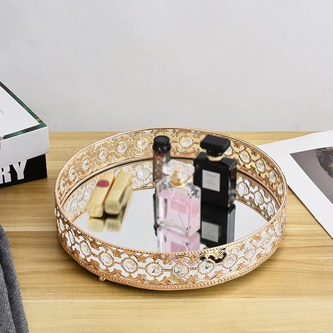 Round Gold Mirror Coffee Table Tray - Decorative Organizer for Perfume, Makeup, Vanity, Dresser Tops (11.8 in)