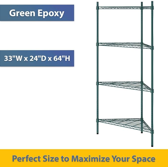 33" W x 24" D x 64" H NSF Green Triangle Heavy Duty Corner Shelving Kit, 4-Shelf Adjustable Wire Rack