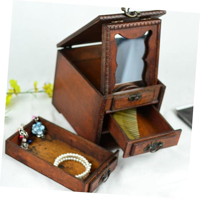 OUNONA Vintage Chinese Jewelry Box with Mirror Multi Functional Jewelry Storage Organizer for Makeup and Accessories Dustproof Wooden Case Ethnic Style Vanity Decor Gift