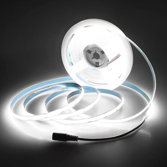 Aclorol 12 Volt Led Strip Lights COB 16.4ft Led Strip Lights for Bedroom 6000K Daylight White CRI85+ Flexible LED Tape Light for Kitchen Party Cabinet 320Leds/m(Power Supply&LED Dimmer Not Included)