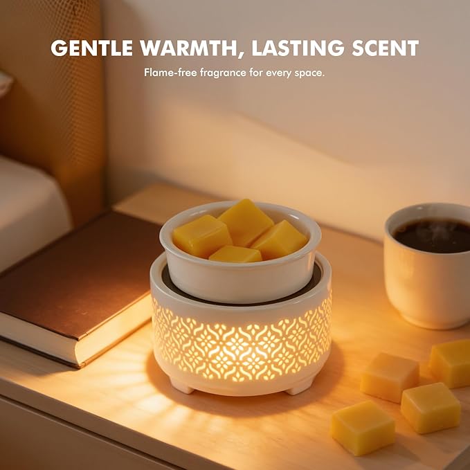 Wax Melt Burner Ceramic Electric 4-in-1 Candle Warmer Lamp with 7-Color LED Light Fragrance Oil Burner for Scented Wax Candle Jar Home Office Bedroom Decor Gifts for Women Mom - Flower Pattern