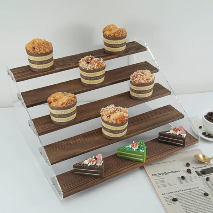 2 Pack Large 5 Tier Acrylic Display Stand 16*13*7.8 inches for Figures Wooden Risers Display Case for Craft Fair Acrylic Cupcake Stand for Dessert Table Cologne Organizer for Men (BROWN)