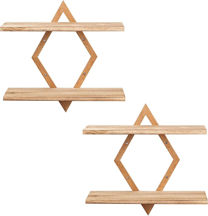 Floating Shelves for Wall,Decorative Wall Shelf,2 Tier Hanging Shelf for Plants Storage Display Holder,Indoor Decor for Living Room Home Office Bathroom Bedroom,Solid Wood,Diamond Shaped,2 Pack