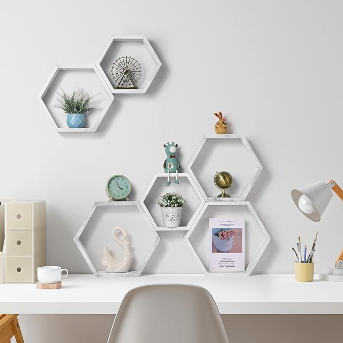 YBING Hexagon Floating Shelves Wall Mounted Set of 6 Honeycomb Shelves Wood Hexagonal Storage Hanging Shelves Farmhouse Wall Decor Floating Shelves for Bedroom Living Room Grey-White