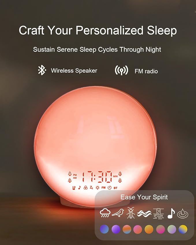 Smart Sunrise Alarm Clock with No Signup APP Control & Wake-Up Light, 4 Alarms, Sound Machine, FM Radio, Wireless Speaker, White