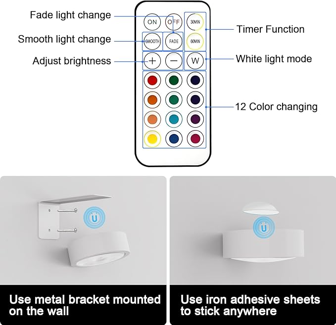 3 Pack Picture Lights for Wall, 13 RGB Color Rechargeable Battery Operated wall lights, Picture Frame lights with 3 Lighting Modes, Wireless Magnetic Painting Light with Remote Control Timer, (White)