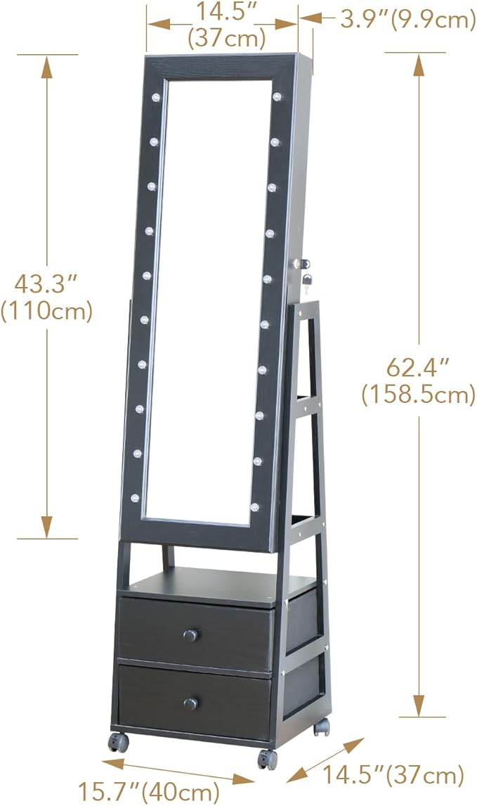 Jewelry Armoire Cabinet Organizer Standing with 20 LED Lights Lockable Full Length Mirror with Storage Shelves and 2 Drawers (Black) Adjustable Tilt Angles Gift for Her