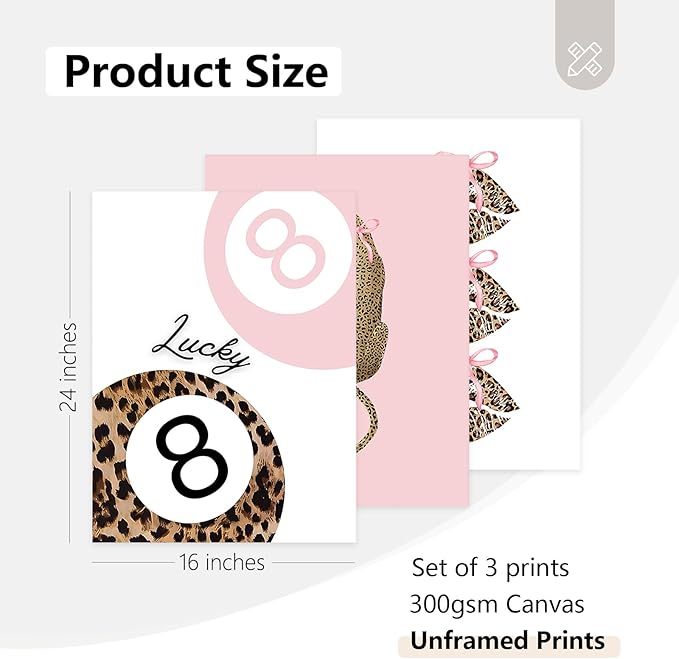 Pink Leopard Wall Art Decor Cheetah Trendy Poster Preppy Aesthetic Canvas Room Decor Pictures Coquette Y2k Wall Art 8 Ball Prints Pink Fashion Bow Artwork for Girls Bedroom 16x24x3 Inch Unframed