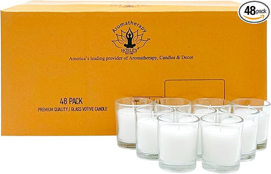 Hosley 48 Pack White Unscented Votive Candles, Clear Glass, Hand-Poured Wax, Bulk Wedding & Party Candles for Gifts, Tables, Aromatherapy & Holidays Party Weddings Birthdays (White)