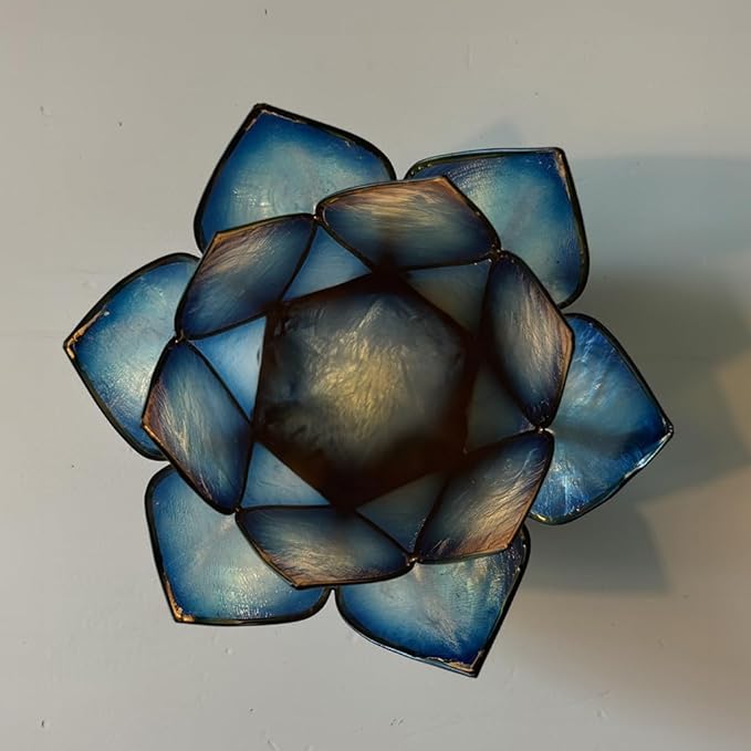 Om Gallery Capiz Shell Lotus Flower Decor Tealight Candle Holder for Serene Ambiance -Decorative Natural Shell Mini Candle Holders for Meditation, and Relaxation, Dark Blue