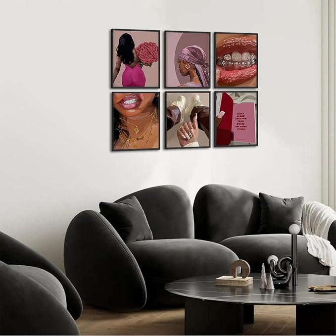 Black Woman Poster Set of 6, Fashion African American Women Wall Art, Trendy Abstract Black Girl Canvas Wall Decor Paintings Aesthetic Pictures for Bedroom Living Room 12x16 inch Unframed