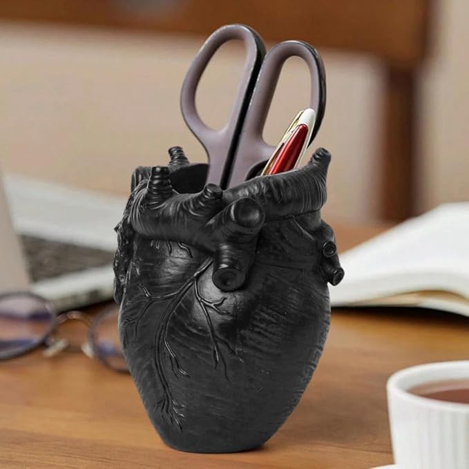 Small Human Heart Organ Shape Pen Holder Home Office Desk Storage Resin Decor, Makeup Brush Holder, 4.1" x 3.5", Black