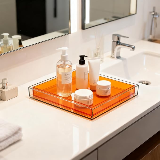 Creative Acrylic Decorative Tray, 10"x10" Modern Decorative Trays Jewelry Perfume Makeup Organizer Clear Square Bathroom Sink Vanity Tray for Bathroom, Vanity, Serving, Coffee Table, Living Room