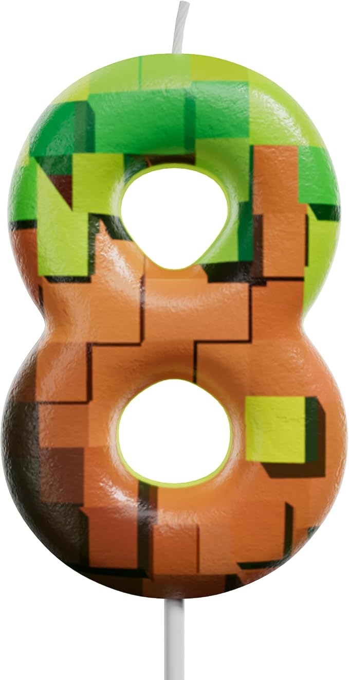 Pixel Miner Number Candle for Birthday Cake - 2.7 Inch Video Game Themed Party Decoration, Dynamite Style Cake Topper for Boys Girls Kids Anniversary Supplies(Retro Art, 8)