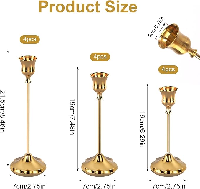 12pcs Gold Candle Holders, Candlestick Holders Taper Candle Holders for Pillar Candles Sticks Holder Decor Halloween Christmas Decorations Candle Candelabros para Centros de Mesa