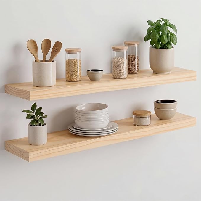 Homeforia 30 inch Natural Floating Shelf, High End Solid Real Wood 30inch Small Floating Shelves for Wall Mounted, Natural Wooden Floating Shelves, Heavy Duty Bracket, 30 X 6.5 X 1.75 in, Set of 2