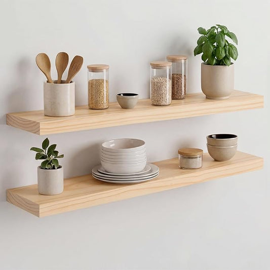 Homeforia 30 inch Natural Floating Shelf, High End Solid Real Wood 30inch Small Floating Shelves for Wall Mounted, Natural Wooden Floating Shelves, Heavy Duty Bracket, 30 X 6.5 X 1.75 in, Set of 2