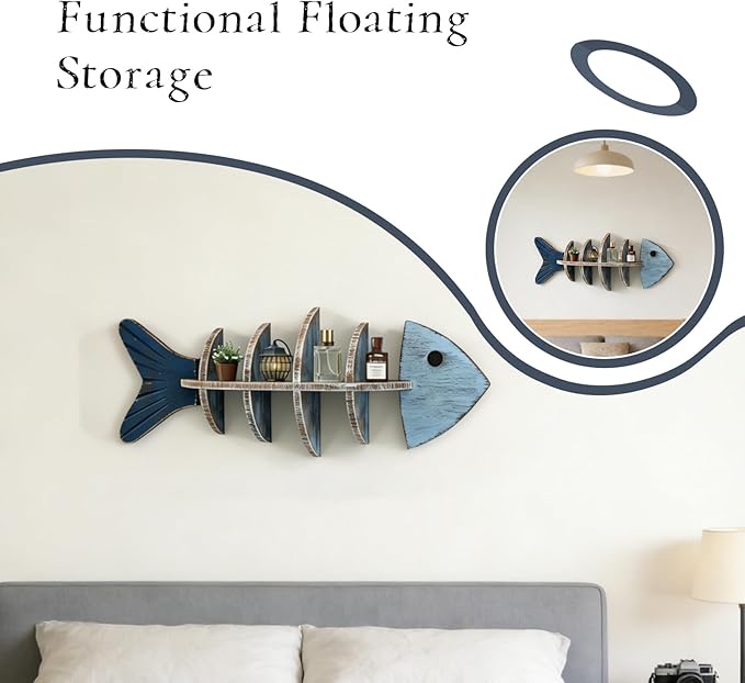 Rustic Wooden Fish Floating Shelf, Unique Fishing Decor Wall Mounted Organizer, Coastal Nautical Display Shelf for Lake House, Bathroom & Living Room