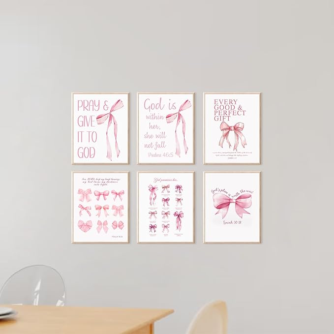 KBKBART Coquette Pink Bow Wall Art Decor Posters– Set of 6 Unframed 8x10 Prints, Inspirational Bible Verse Posters for Girls Room, Aesthetic Christian Decor for Bedroom, Bathroom, or Dorm